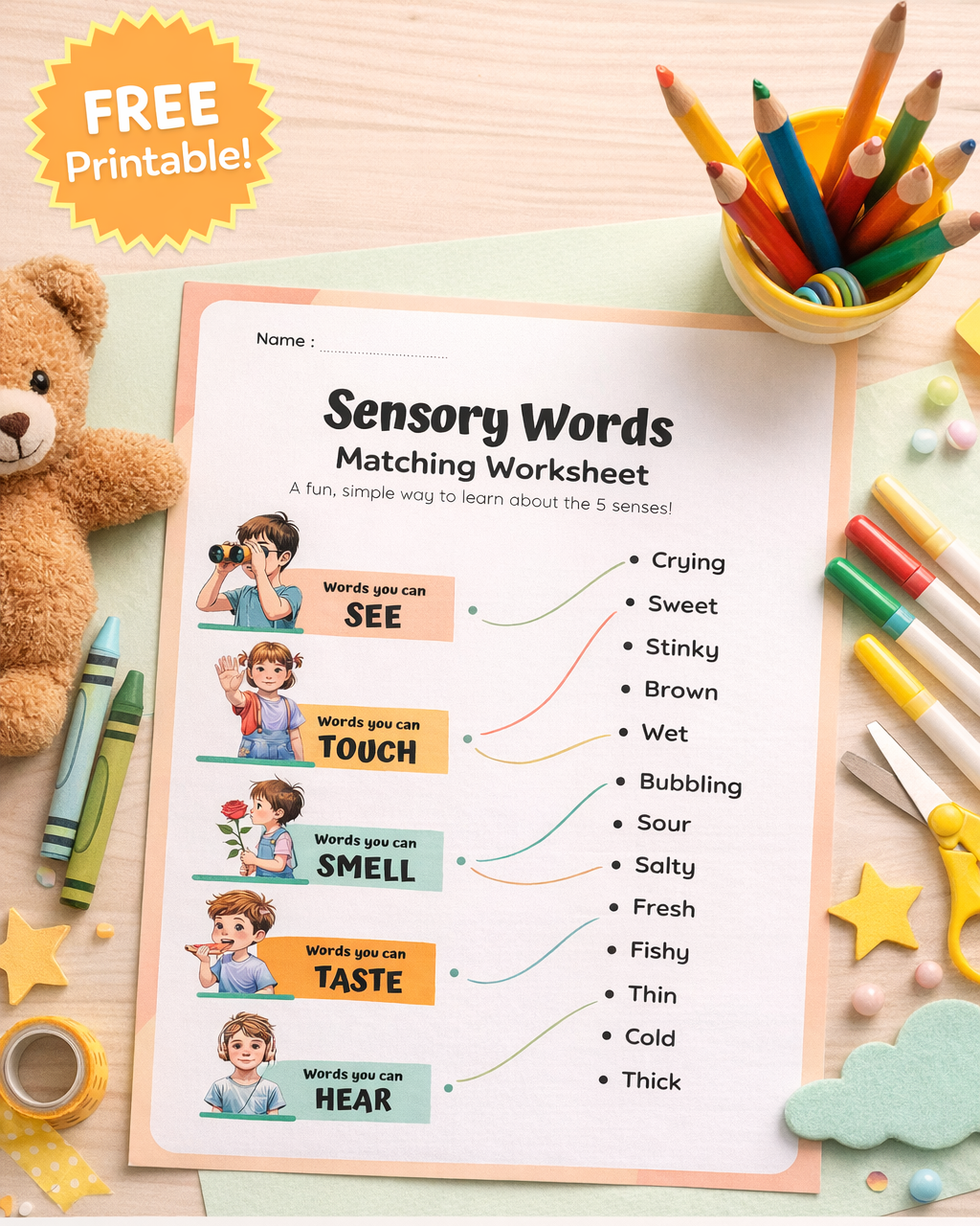 Free Sensory Words Matching Worksheet (Printable)